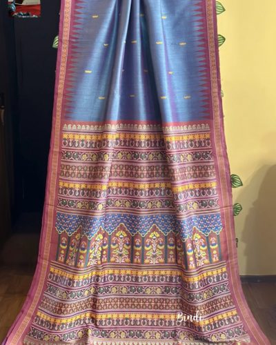MUGHAL GARDEN (Blue) – HANDWOVEN HANDSPUN FINE GOPALPUR TUSSAR JAALA PALLA SAREE