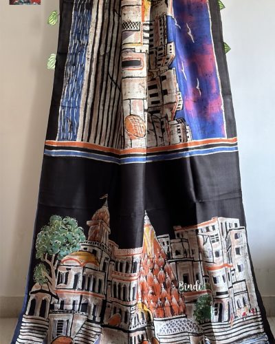 Banaras Ghat - Hand Batik Painting on Premium Katan Silk