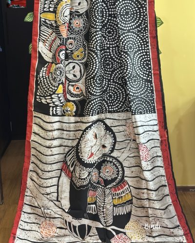 Owly affair - Hand Batik Painting on Premium katan silk saree