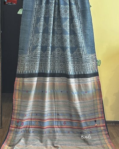 EARTHY HUES IV – AJRAKH PRINTED BHUJODI TUSSAR SAREE
